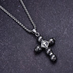 Flame-Pattern Thick Cylinder Cross Necklace with Raised Center Emblem