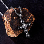 Flame-Pattern Thick Cylinder Cross Necklace with Raised Center Emblem