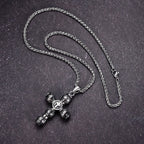 Flame-Pattern Thick Cylinder Cross Necklace with Raised Center Emblem