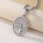 Classic Three-Tone Engraved Oval Pendant with Jesus Holy Hand & Thorn Crown