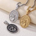 Classic Three-Tone Engraved Oval Pendant with Jesus Holy Hand & Thorn Crown