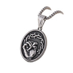 Classic Three-Tone Engraved Oval Pendant with Jesus Holy Hand & Thorn Crown
