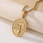Classic Three-Tone Engraved Oval Pendant with Jesus Holy Hand & Thorn Crown