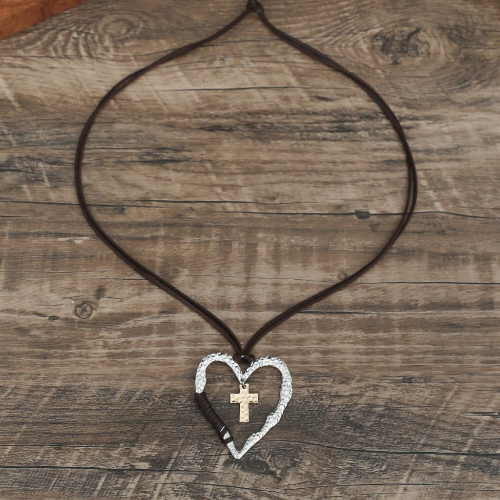 Bohemian Textured Heart Frame Necklace with Cross Charm and Leather Cord