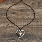 Bohemian Textured Heart Frame Necklace with Cross Charm and Leather Cord
