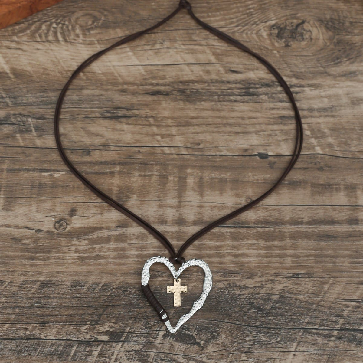 Bohemian Textured Heart Frame Necklace with Cross Charm and Leather Cord