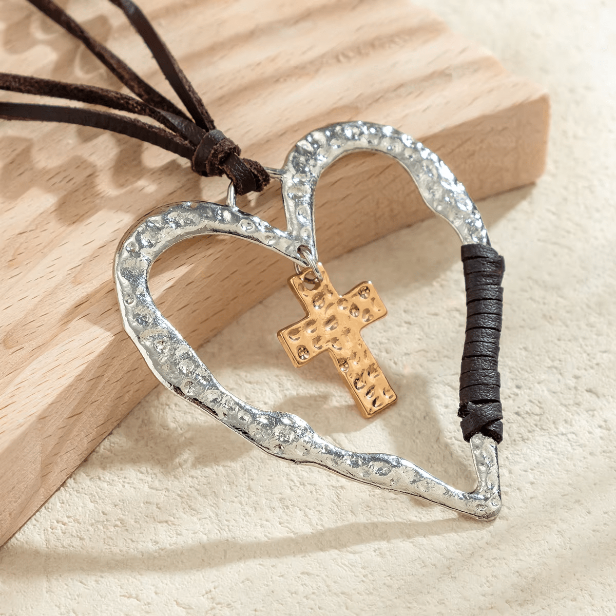 Bohemian Textured Heart Frame Necklace with Cross Charm and Leather Cord