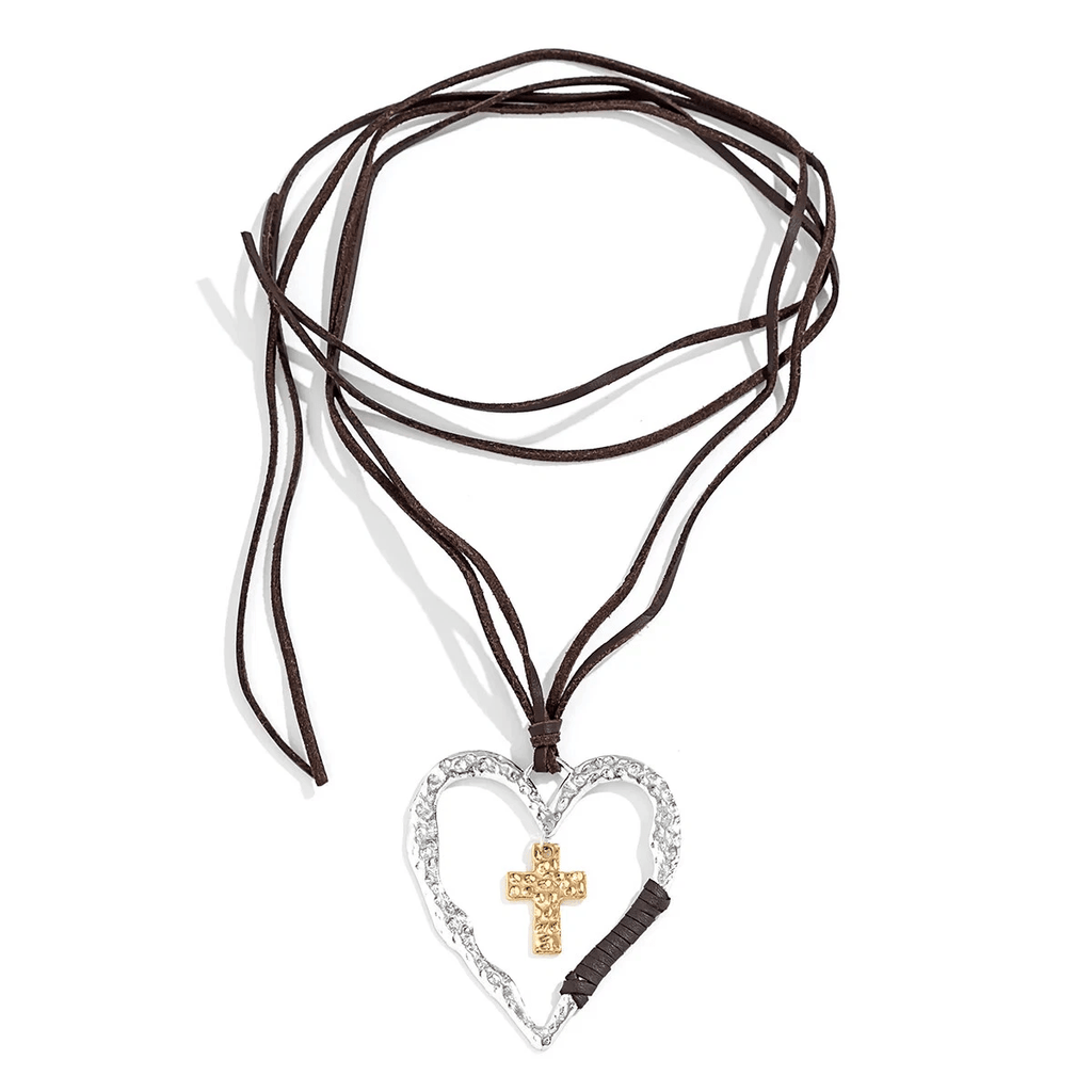 Bohemian Textured Heart Frame Necklace with Cross Charm and Leather Cord