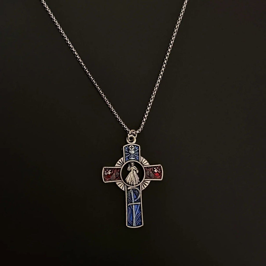 Classic Divine Mercy Portrait in Vivid Red and Blue Cross Necklace