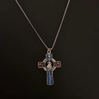 Classic Divine Mercy Portrait in Vivid Red and Blue Cross Necklace