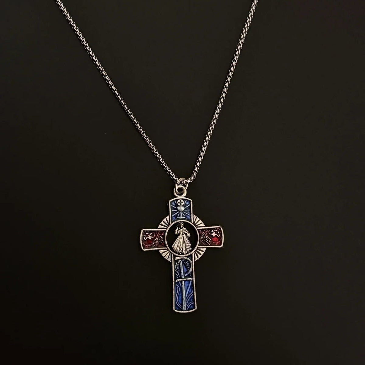 Classic Divine Mercy Portrait in Vivid Red and Blue Cross Necklace
