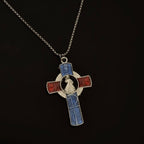 Classic Divine Mercy Portrait in Vivid Red and Blue Cross Necklace