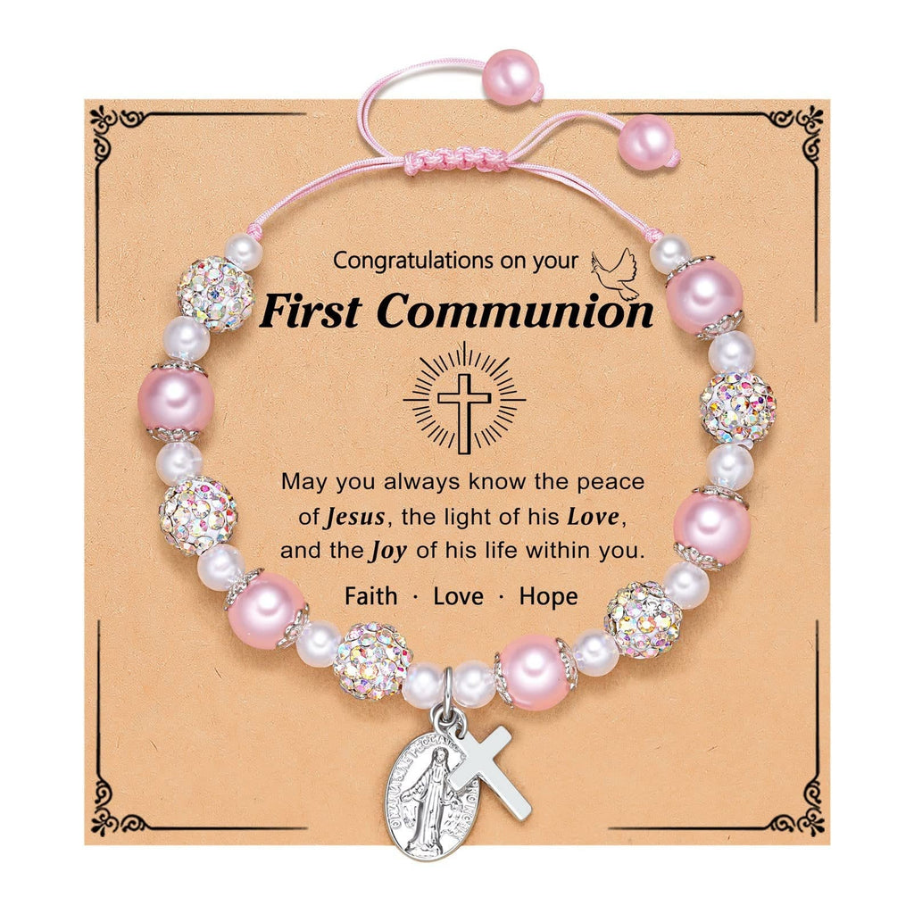 PRAYERFUL FAITH: First Communion Gift Bracelet with Cross and Blessing Card