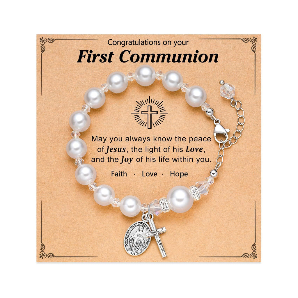 PRAYERFUL FAITH: First Communion Gift Bracelet with Cross and Blessing Card