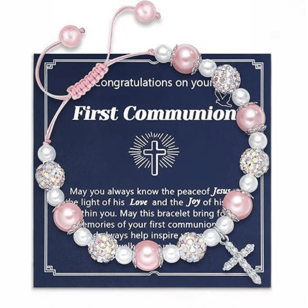 PRAYERFUL FAITH: First Communion Gift Bracelet with Cross and Blessing Card