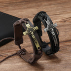 Classic Style Brown or Black Leather Adjustable Bracelet with Crucifix