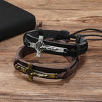 Classic Style Brown or Black Leather Adjustable Bracelet with Crucifix