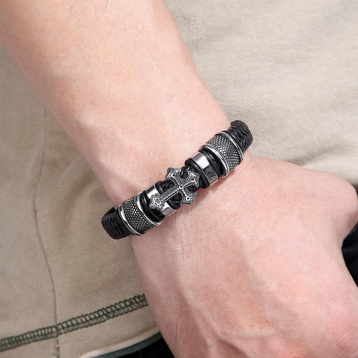 Classic Two-Tone Holy Cross Leather Bracelet with Braided Design