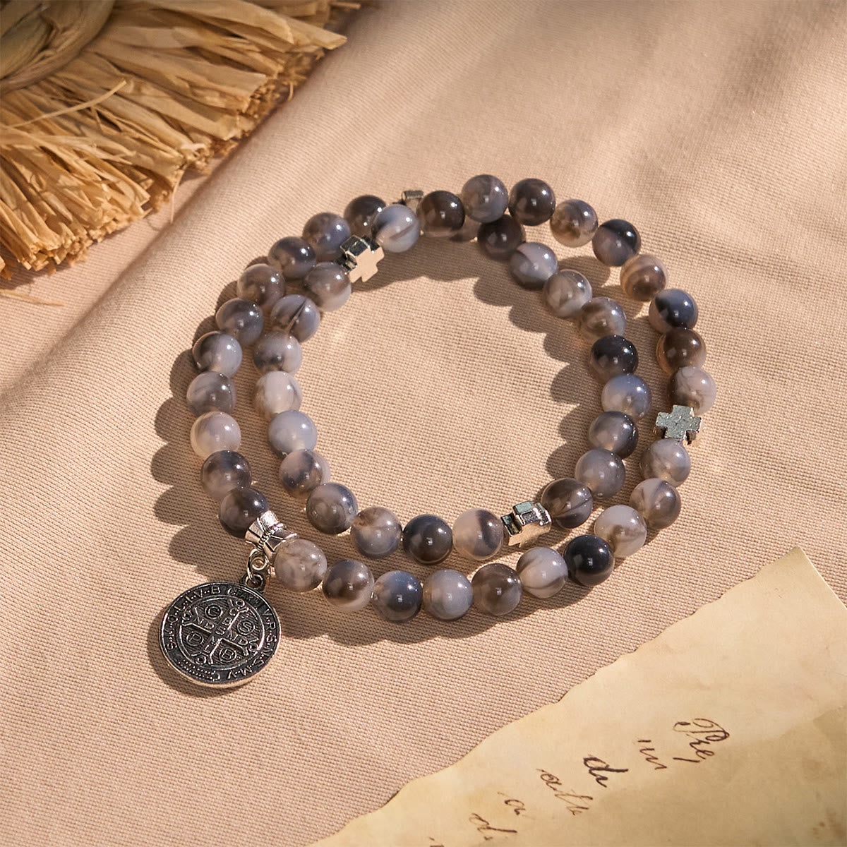 Gray Black Gradient Beads Bracelet Rosary with St. Benedict: Shield of Faith