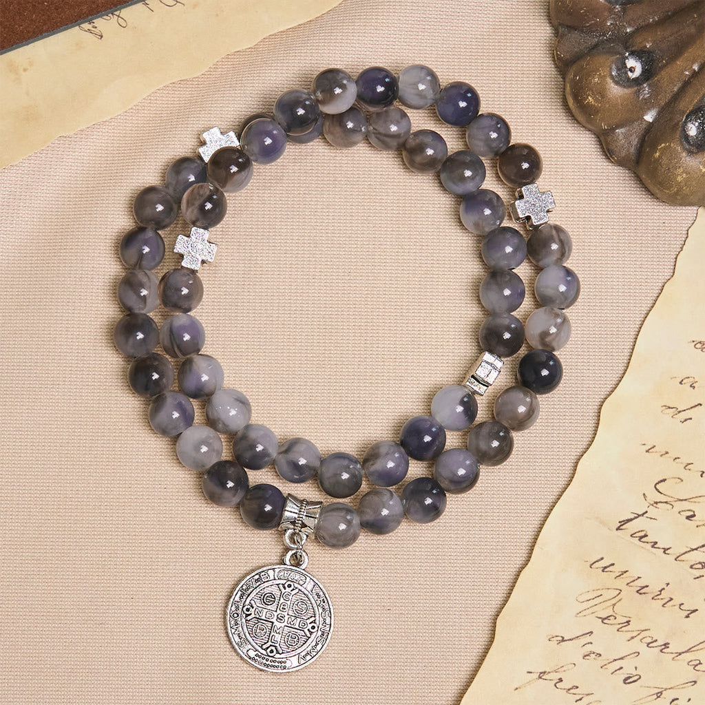 Gray Black Gradient Beads Bracelet Rosary with St. Benedict: Shield of Faith