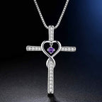 12-Month Birthstone Cross Necklace with Heart Design and Sparkling Accents