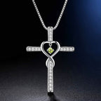 12-Month Birthstone Cross Necklace with Heart Design and Sparkling Accents