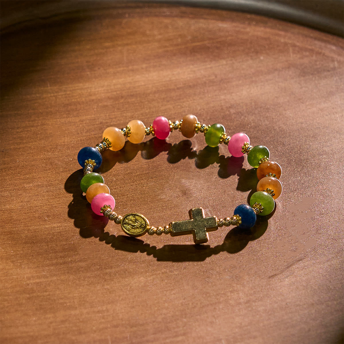 Tourmaline Abacus Beads Bracelet Featuring Cross and Miraculous Medal