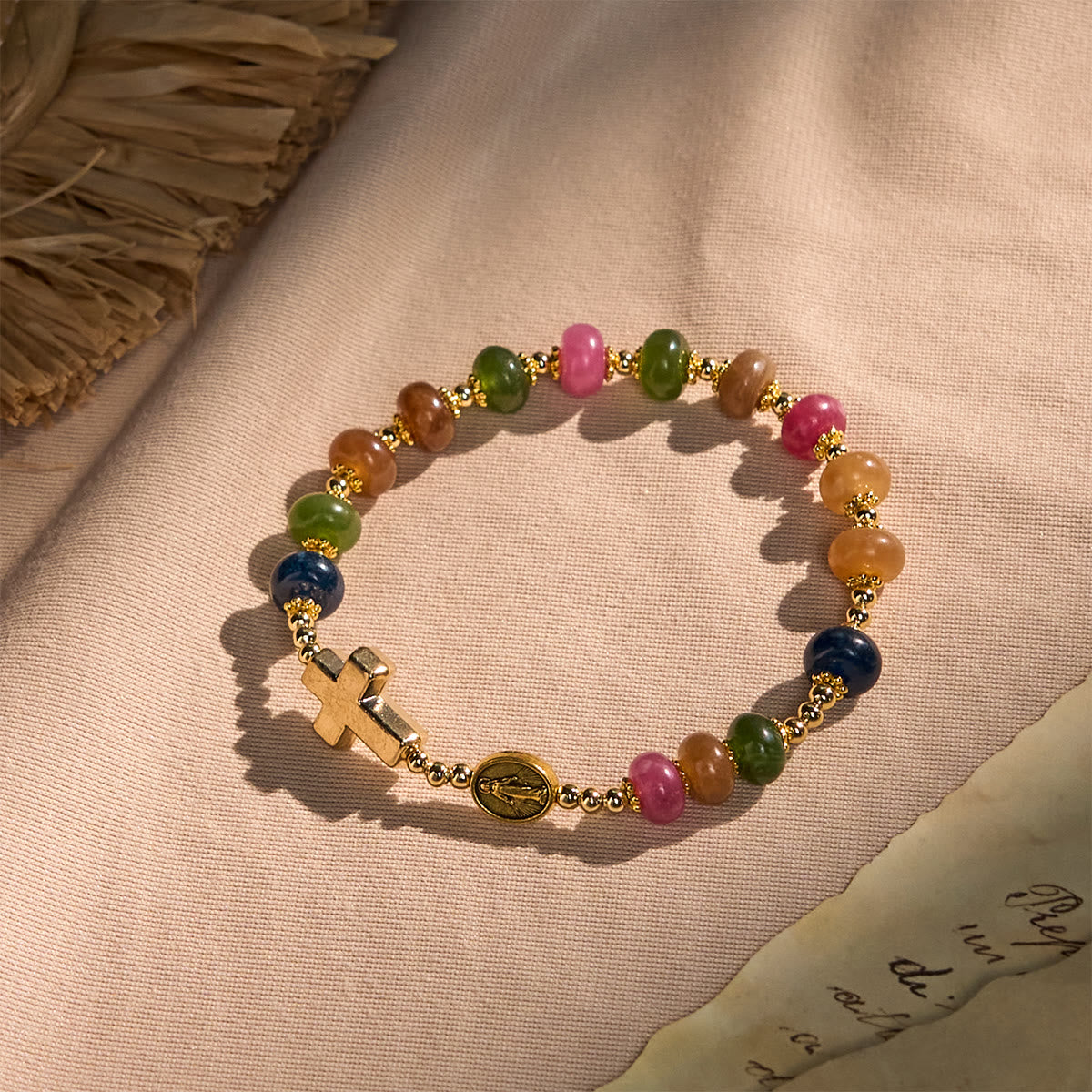 Tourmaline Abacus Beads Bracelet Featuring Cross and Miraculous Medal