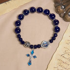 Elegant Deep Blue Beaded Bracelets with Crucifix and Miraculous Medal