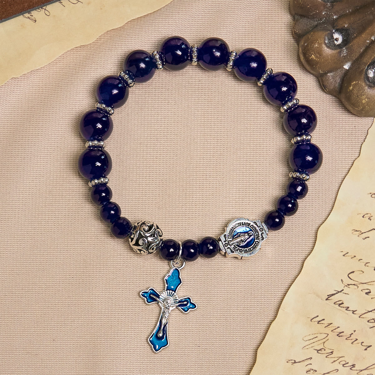 Elegant Deep Blue Beaded Bracelets with Crucifix and Miraculous Medal