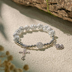 Delicate White Rose Devotional Beads Rosary and Bracelets with Virgin Mary