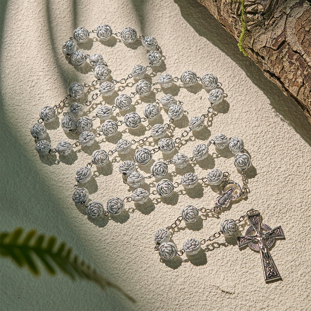 Delicate White Rose Devotional Beads Rosary and Bracelets with Virgin Mary