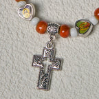 Colorful Glass & Ceramic Bead Bracelets with Cross and Saints Heart Charms