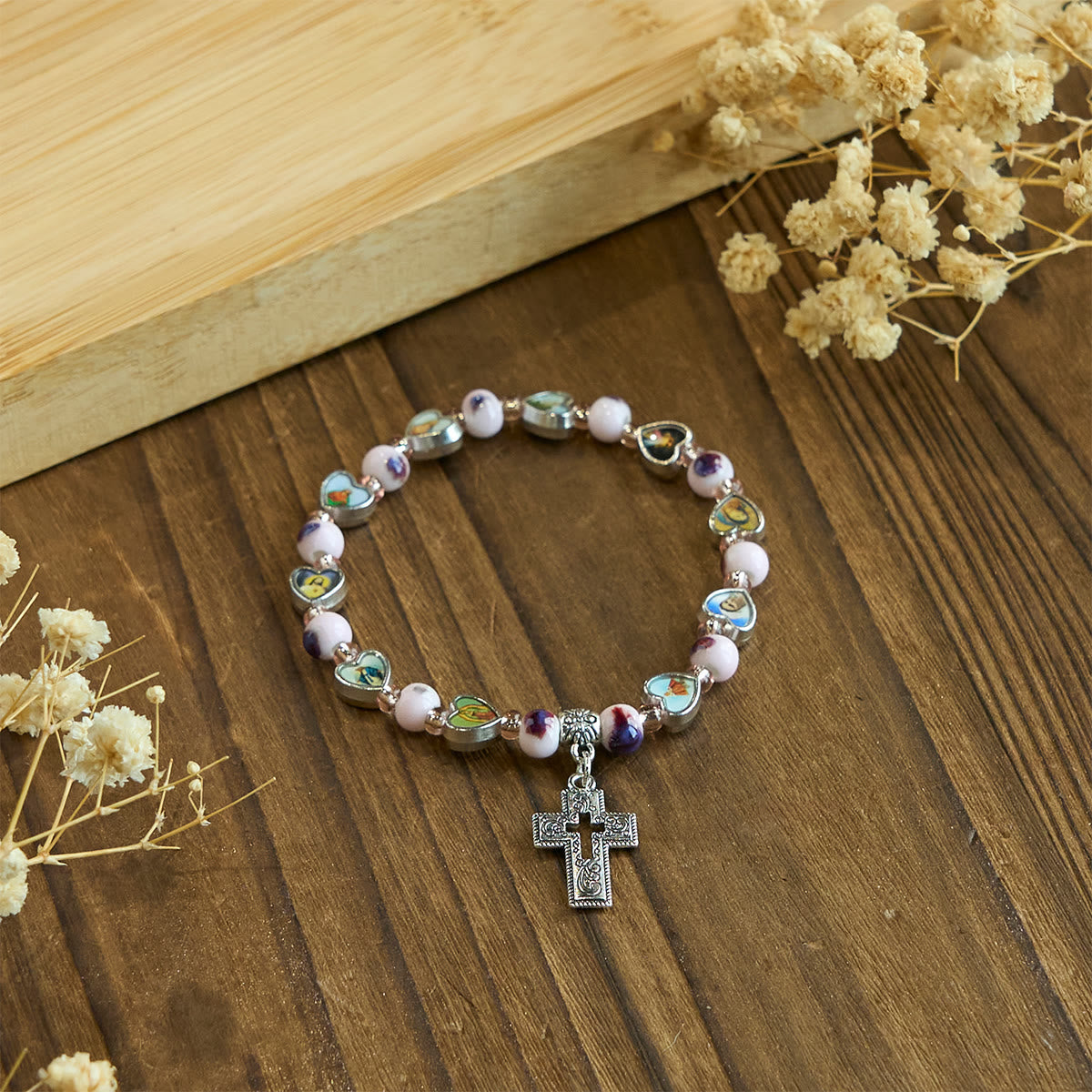 Colorful Glass & Ceramic Bead Bracelets with Cross and Saints Heart Charms