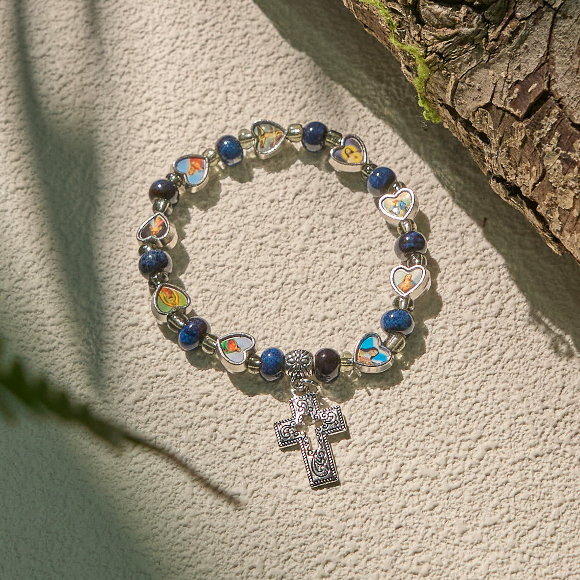 Colorful Glass & Ceramic Bead Bracelets with Cross and Saints Heart Charms