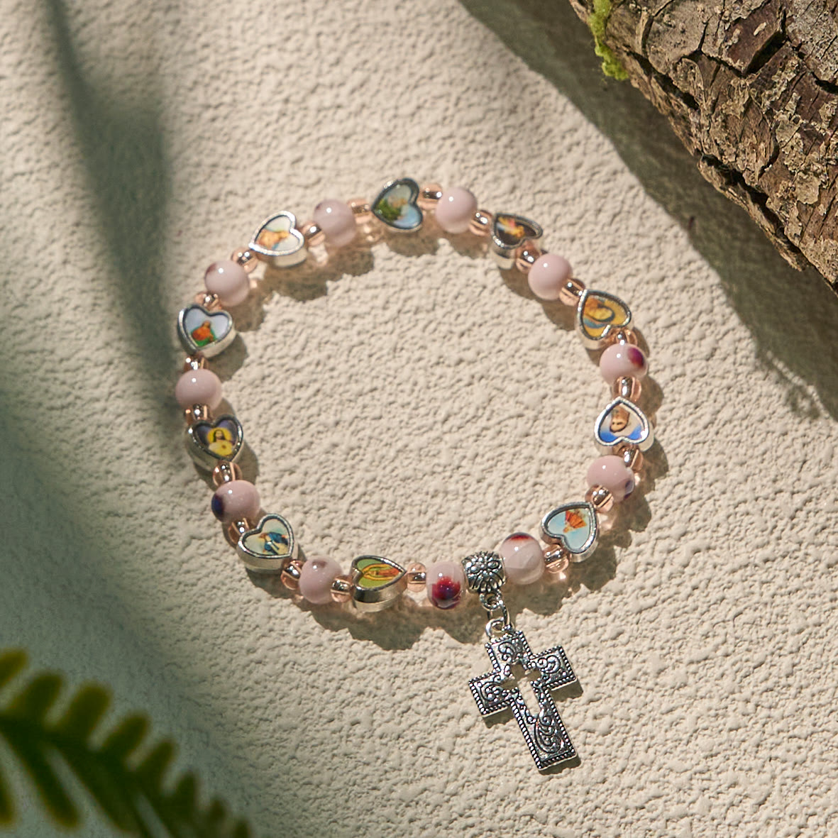 Colorful Glass & Ceramic Bead Bracelets with Cross and Saints Heart Charms