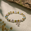Colorful Glass & Ceramic Bead Bracelets with Cross and Saints Heart Charms