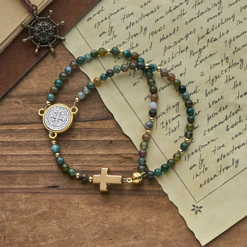 Handmade Earth Tone Rosary Bracelets with Cross & St. Benedict Charm
