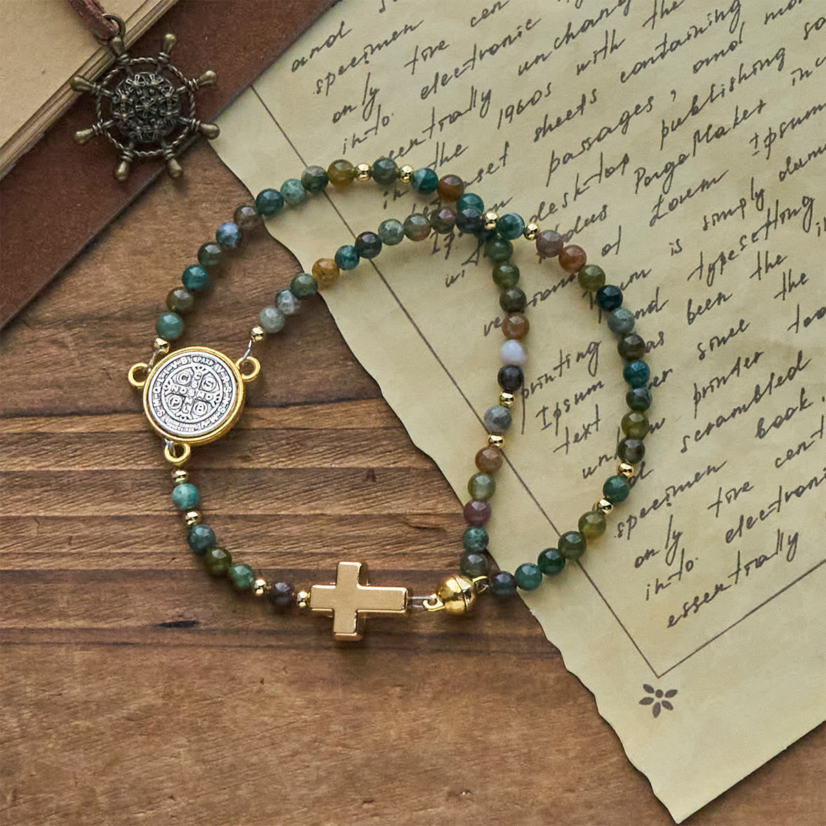 Handmade Earth Tone Rosary Bracelets with Cross & St. Benedict Charm