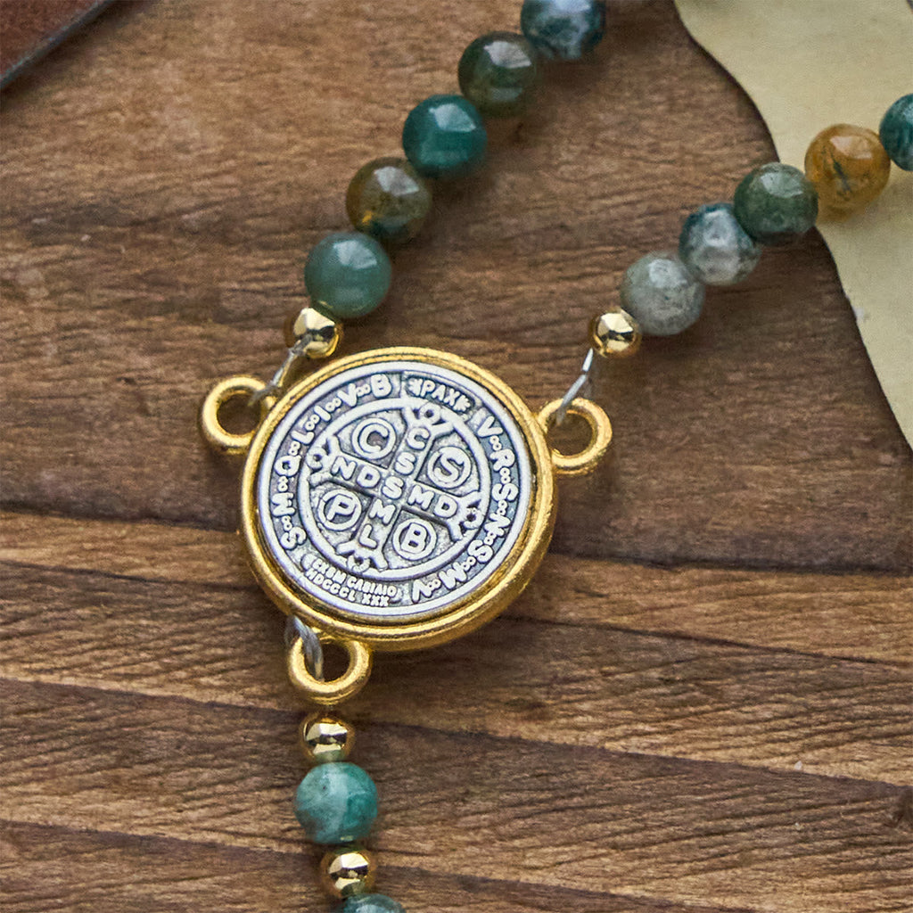 Handmade Earth Tone Rosary Bracelets with Cross & St. Benedict Charm