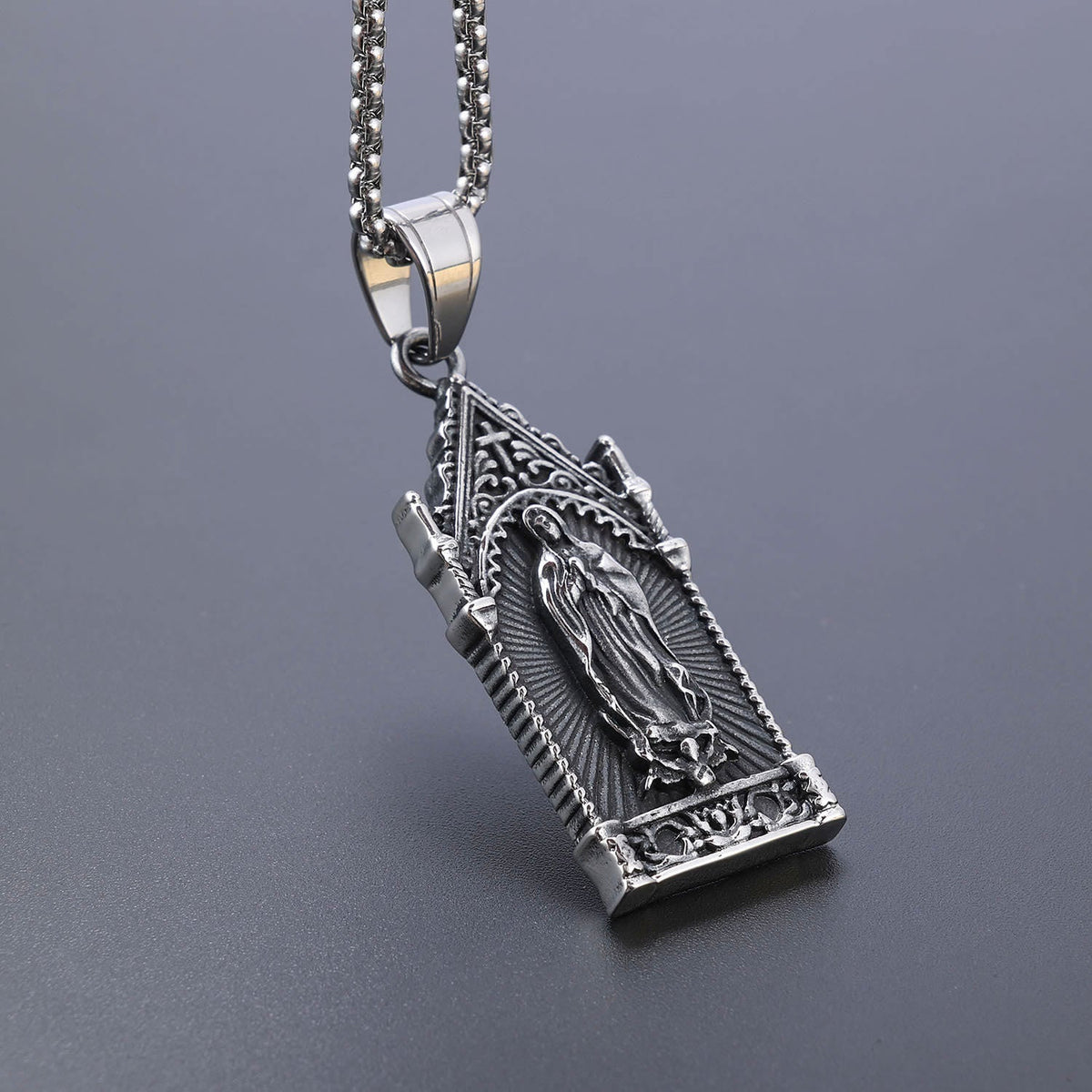 Antique Silver Virgin Mary Necklace in Gothic Cathedral Frame