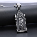 Antique Silver Virgin Mary Necklace in Gothic Cathedral Frame