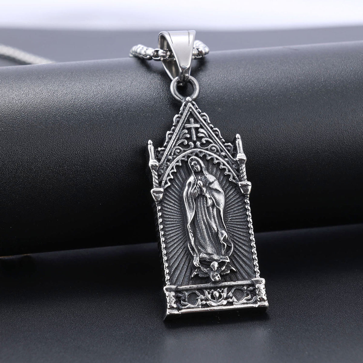 Antique Silver Virgin Mary Necklace in Gothic Cathedral Frame