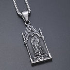 Antique Silver Virgin Mary Necklace in Gothic Cathedral Frame