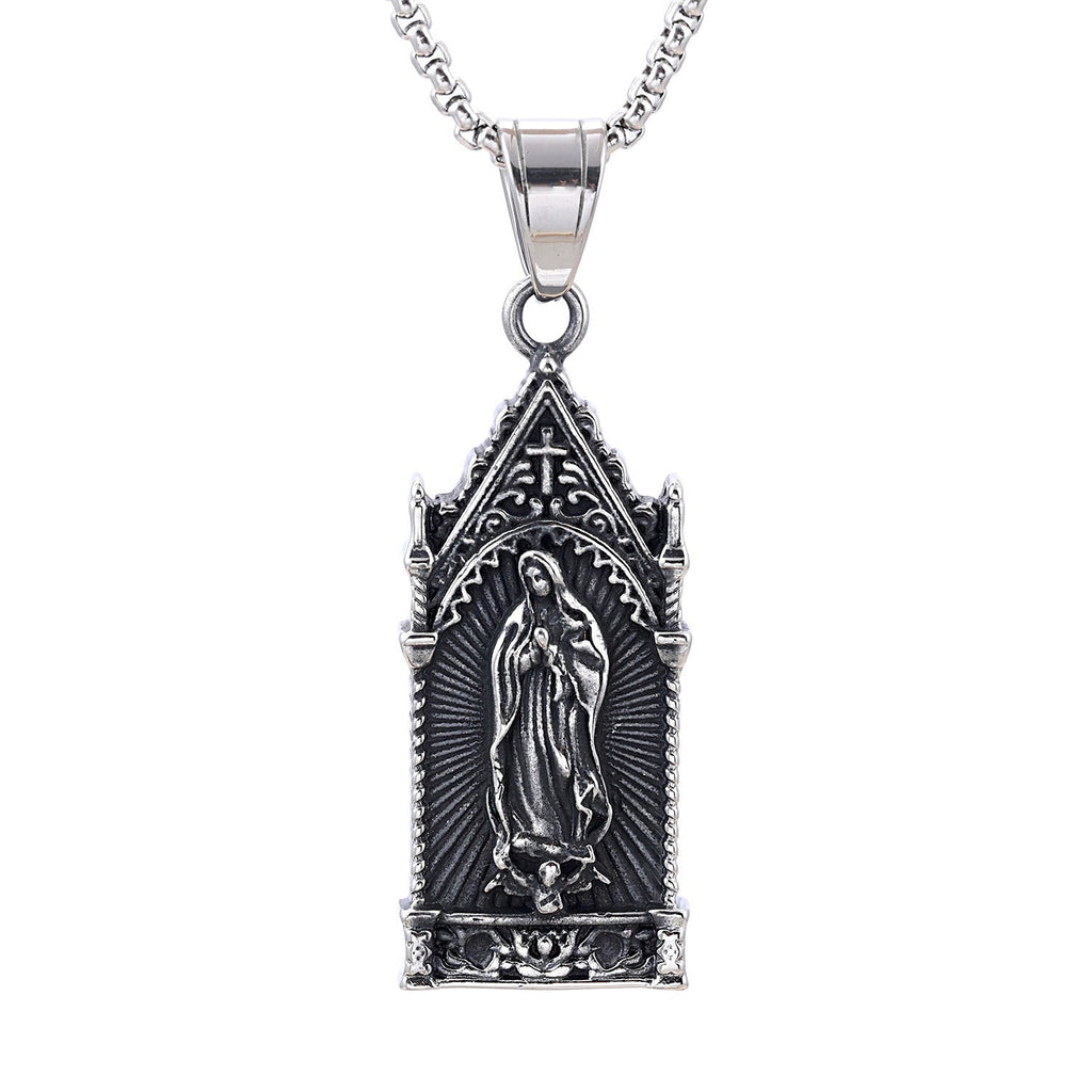 Antique Silver Virgin Mary Necklace in Gothic Cathedral Frame