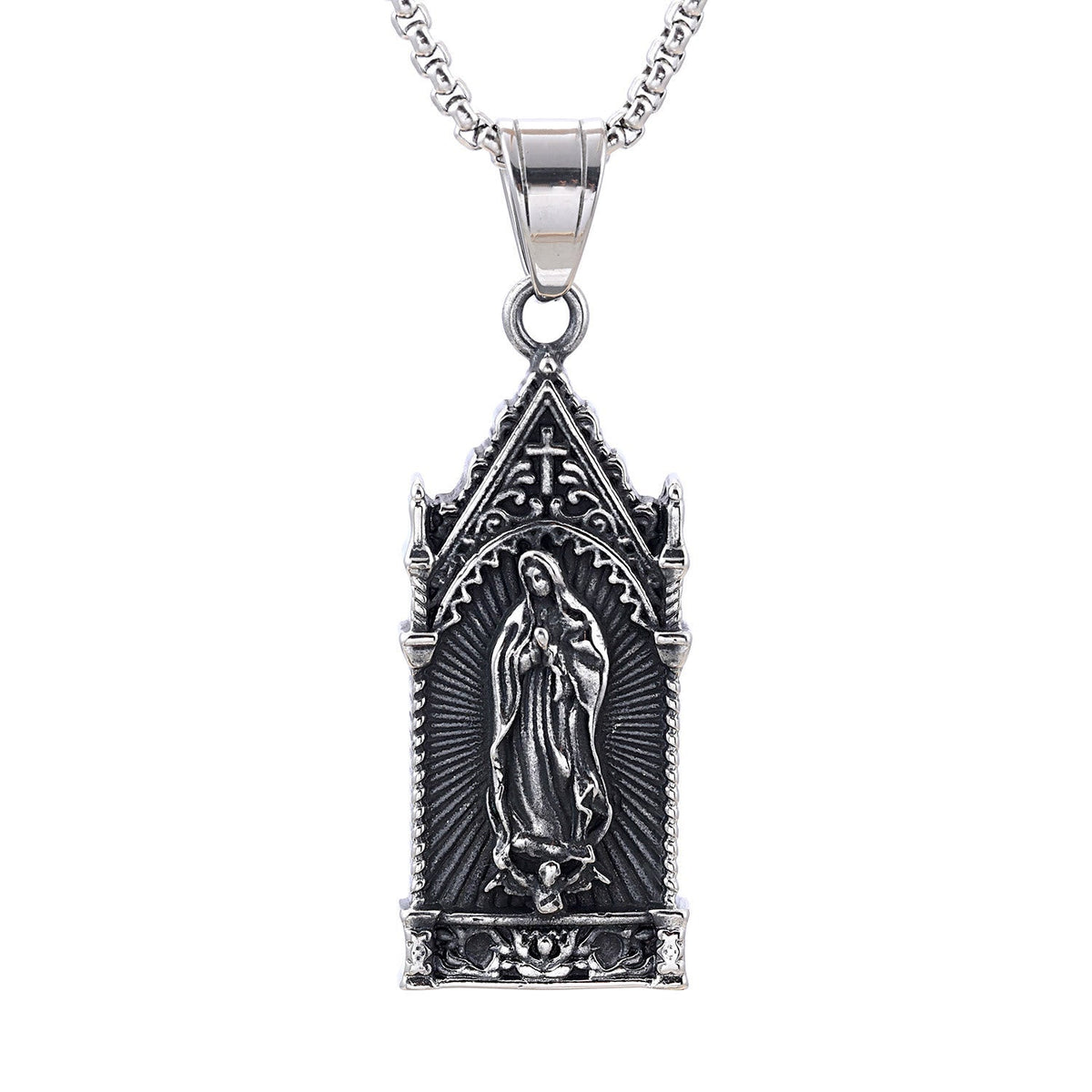 Antique Silver Virgin Mary Necklace in Gothic Cathedral Frame