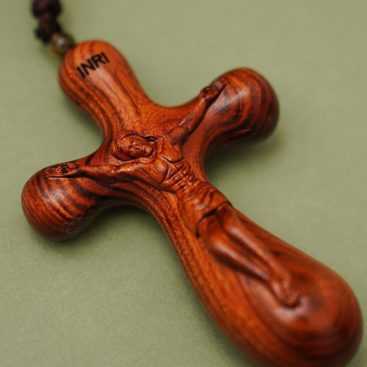 Vintage Sandalwood INRI Crucifix Car Pendant & Necklace: Devotion on the Road