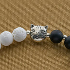 Matte Black and White Lava Stone with Cow Cat Blessing Animal Bracelet