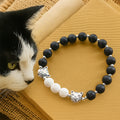 Matte Black and White Lava Stone with Cow Cat Blessing Animal Bracelet