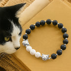Matte Black and White Lava Stone with Cow Cat Blessing Animal Bracelet